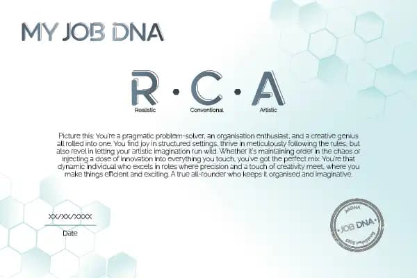 Jobdna certificate, with unique code, description date and stamp seal